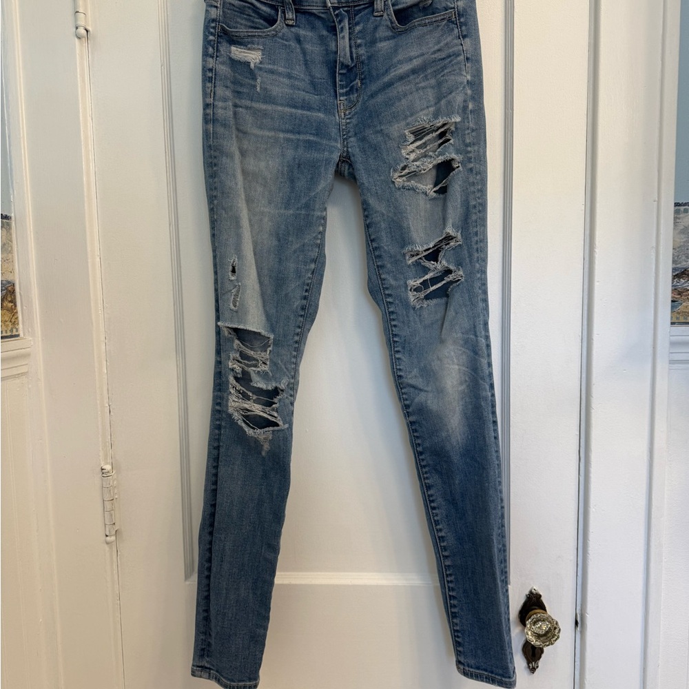 J32 Y2K American Eagle Outfitters Ripped Blue Skinny Jeans size 4